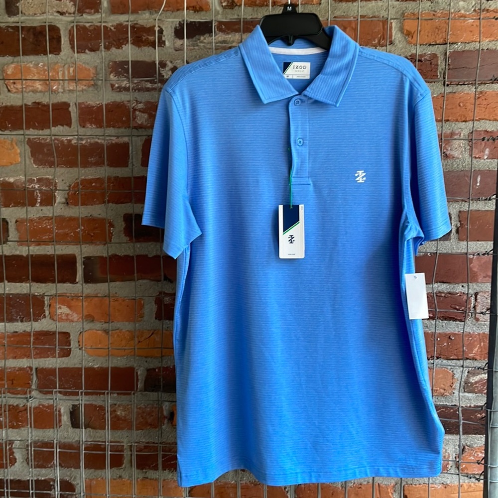 Izod Golf Blue White Striped Short Sleeve Golf Shirt Size Medium NEW W TAGS
